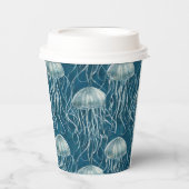 マリンブルーとホワイトゼリーの魚のパターン 紙コップ (正面)