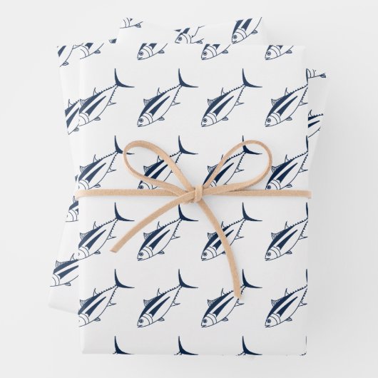 マリンブルーのマグロが白に大きい ラッピングペーパーシート (インサイチュ)