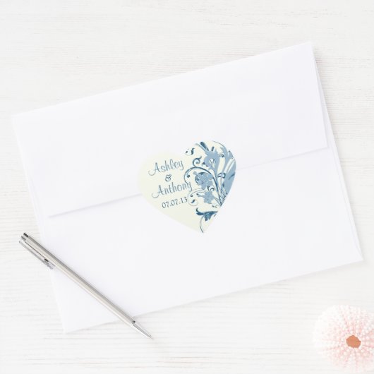 マリンブルーアイボリーフローラ結婚のハートシール ハートシール (封筒)