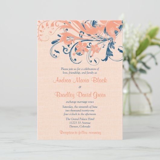 マリンブルーコーラルピーチフローラ結婚式招待状 招待状 (スタンド正面)
