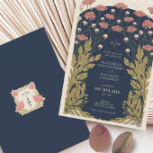 マリンブルーピンクヴィンテージアールヌーボーフローラ 招待状