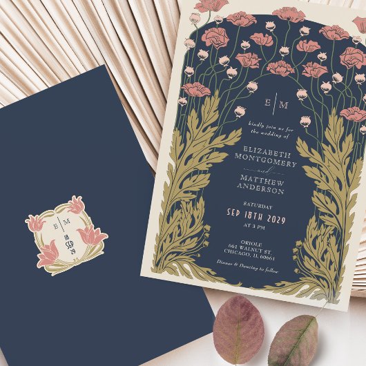 マリンブルーピンクヴィンテージアールヌーボーフローラ 招待状