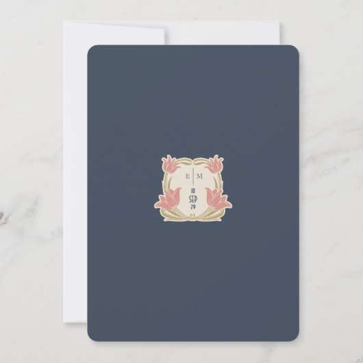 マリンブルーピンクヴィンテージアールヌーボーフローラ 招待状 (裏面)