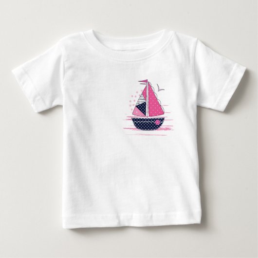 マリン テーマの女の子らしい帆船 ピンクの水玉模様のセイル ベビーTシャツ (正面)