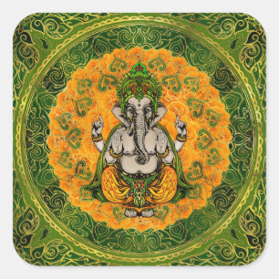 マリーゴールドの花および金ゴールドの装飾のGanesha スクエアシール