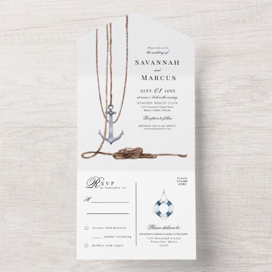 マリーナの灯台での目的地ウェディング オールインワン招待状 (内側)