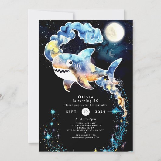 マリーンおもしろいブルーシャーク誕生日 招待状 (正面)