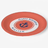 マリーン航海のネイビーブルーオレンジホワイト誕生日 ペーパープレート (アングル)