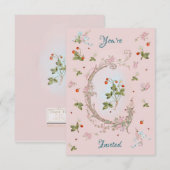 マリー・アントワネットの小さなイチゴのピンクの招待状 招待状 (正面/裏面)