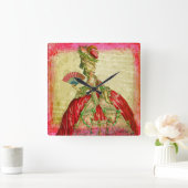 マリー・アントワネット・パーチメントグランジ・ピンク・コラージュ・アート スクエア壁時計 (ホーム)