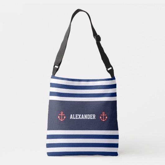 マリ航海のンネービーブルーホワイトストライプ クロスボディバッグ (裏面)