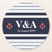 マリ航海のンネービーブルーホワイトストライプ ラウンドペーパーコースター (正面)