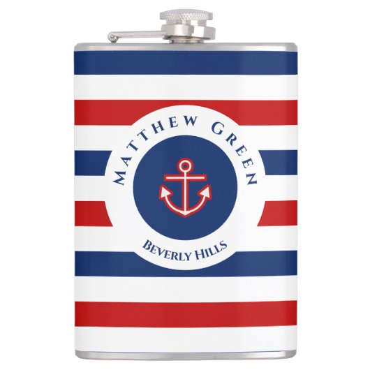 マリ航海のンネービーブルーレッドホワイトストライプいかり フラスク (正面)