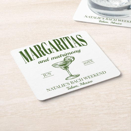 マルガリタスアンドマトリメパーソナライズされたンシバチェロレッテ スクエアペーパーコースター (アングル)
