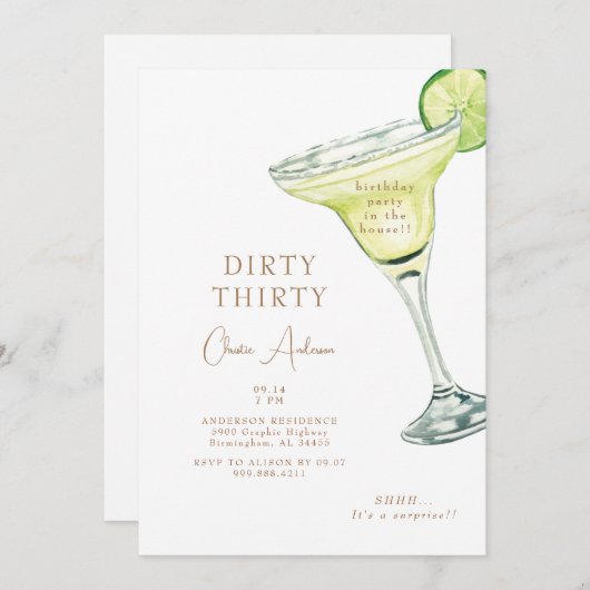 マルガリータパーティーインザハウスダーティ30誕生日 招待状 (正面/裏面)