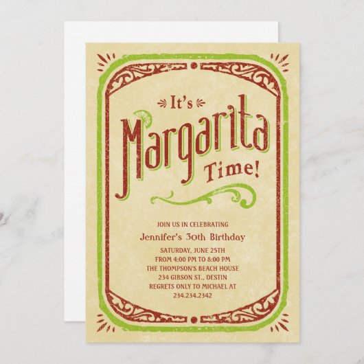 マルガリータ招待状 - フィエスタ テキーラ ビーチパーティー 招待状 (正面/裏面)