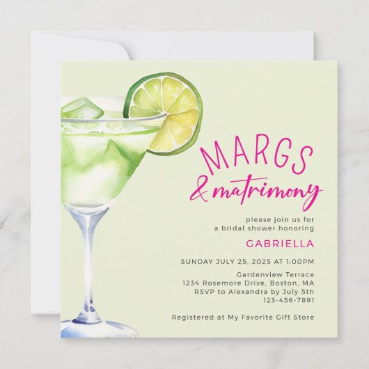 マルグアンドマトリモンスライムグリーンピンクブライダルシャワー 招待状 (正面)