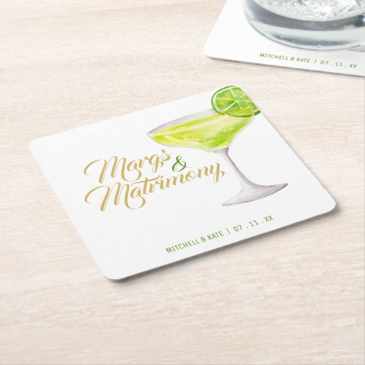 マルグス&マトリモニー グリーン&ゴールド ブライダルシャワー スクエアペーパーコースター (アングル)