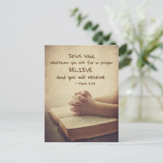 マルコ11:24頼何に対しても祈りの言葉信じで ポストカード (スタンド正面)