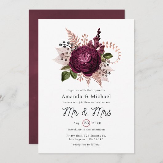 マルサラとバラ金ゴールドフローラヴィンテージウェディング 招待状 (正面/裏面)