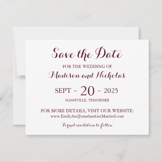 マルサラとピンクのフローラ写真が日付カードを救う セーブザデート (裏面)