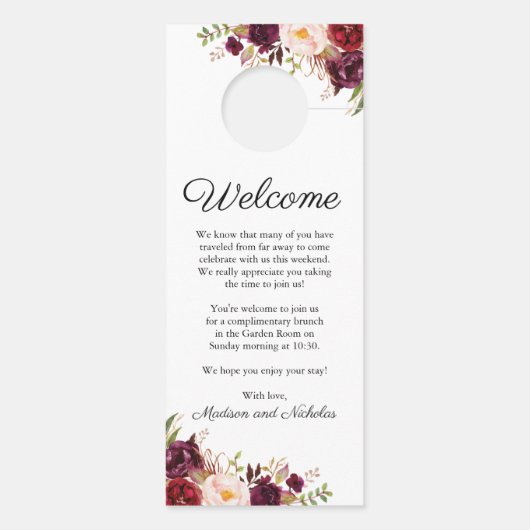 マルサラとピンクのフローラ結婚のドアのハンガー ドアノブサイン (裏面)