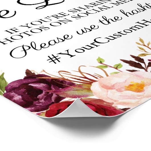 マルサラとピンクのフローラ結婚のハッシュタグ記号 ポスター (角)