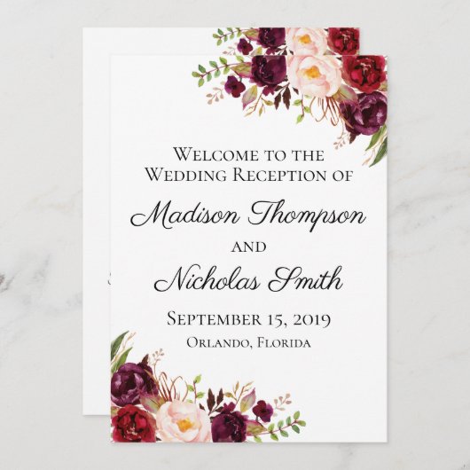 マルサラとピンクのフローラ結婚式レセプションプログラム プログラム (正面/裏面)