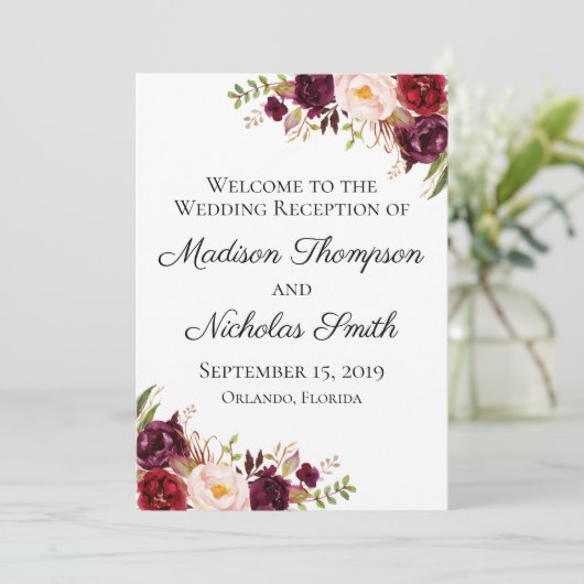 マルサラとピンクのフローラ結婚式レセプションプログラム プログラム (スタンド正面)