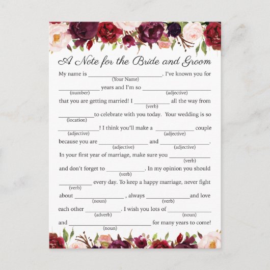 マルサラとピンクの花の結婚式アドバイスカード アドバイスカード (正面)