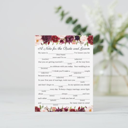 マルサラとピンクの花の結婚式アドバイスカード アドバイスカード (スタンド正面)