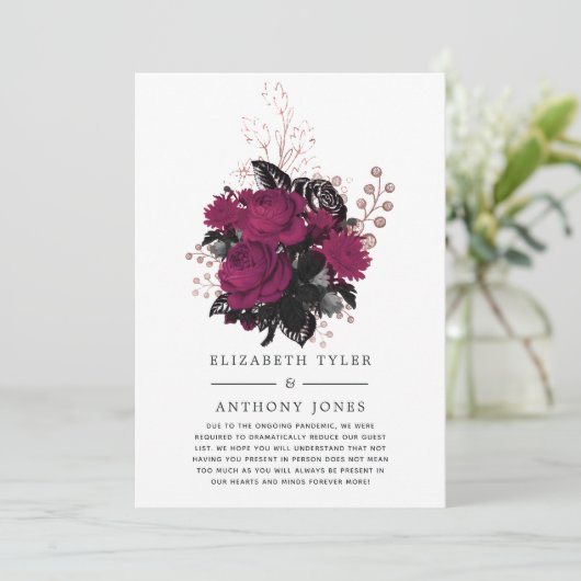 マルサラとローズゴールドの花柄 縮小された結婚式のゲスト 案内状 (スタンド正面)