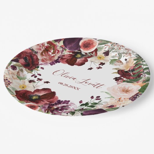 マルサラと赤面ピンクフローラブライダルシャワー ペーパープレート (アングル)