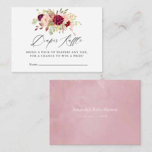 マルサラと赤面フローラベビーシャワーおむつラッフル エンクロージャーカード (正面/裏面)