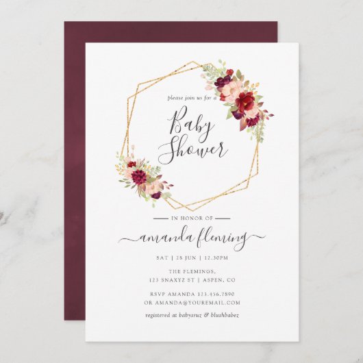 マルサラと赤面ボホジオメトリックベビーシャワー 招待状 (正面/裏面)