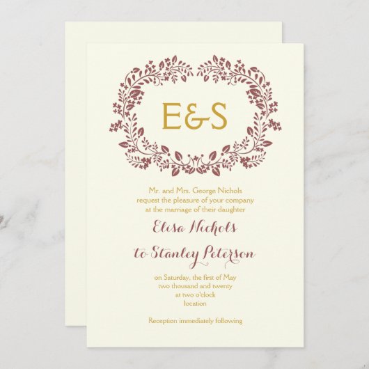 マルサラの葉のリースフレームとイニシャル結婚の 招待状 (正面/裏面)