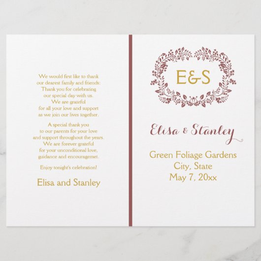 マルサラの葉のリースフレーム結婚式プログラム (正面)