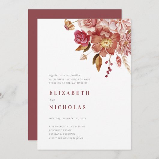 マルサラエレガントウォーターカラーフローラ結婚ズ 招待状 (正面/裏面)