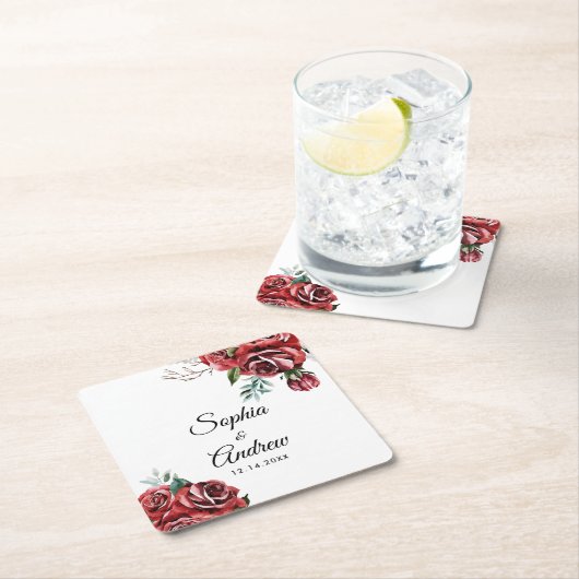 マルサラエレガントレッドローズ素朴結婚ズ スクエアペーパーコースター (インサイチュ)