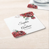 マルサラエレガントレッドローズ素朴結婚ズ スクエアペーパーコースター (アングル)