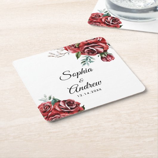 マルサラエレガントレッドローズ素朴結婚ズ スクエアペーパーコースター (アングル)