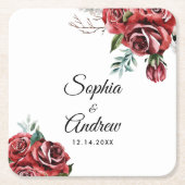 マルサラエレガントレッドローズ素朴結婚ズ スクエアペーパーコースター (正面)