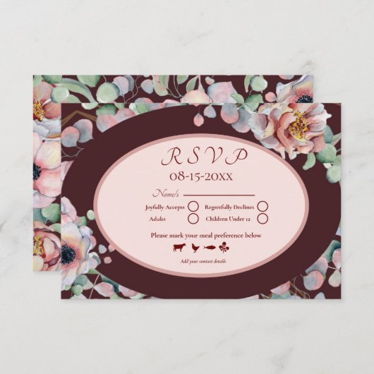 マルサラエレガント赤面アネモネ花結婚の 出欠カード (正面/裏面)