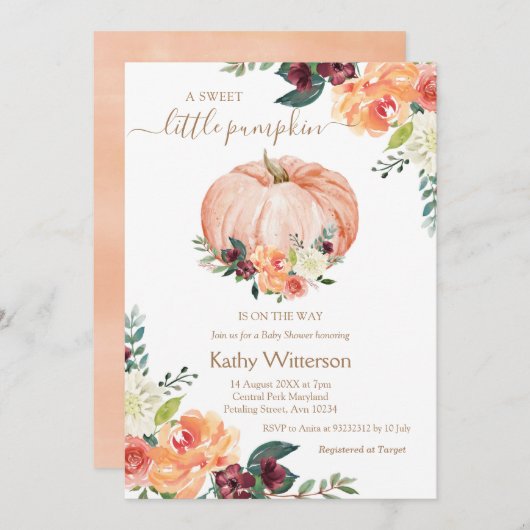 マルサラオレンジフローラカボチャ赤ちゃんシャワー 招待状 (正面/裏面)