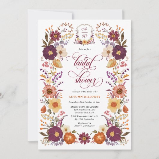 マルサラオレンジ秋フローラクレストブライダルシャワー 招待状 (正面)