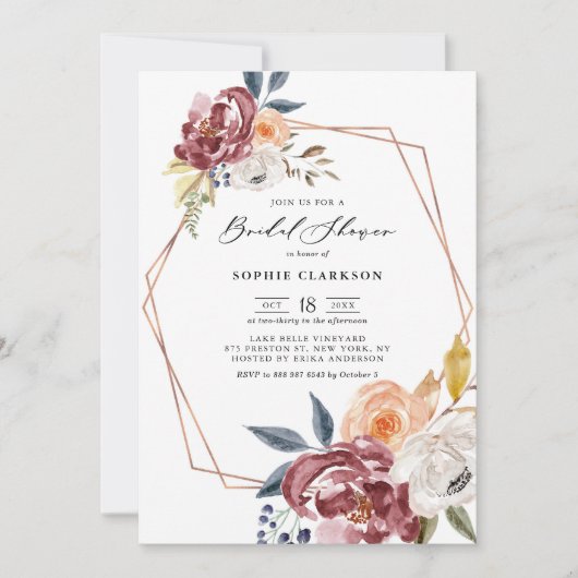 マルサラオータムフラワーズジオメトリックブライダルシャワー 招待状 (正面)