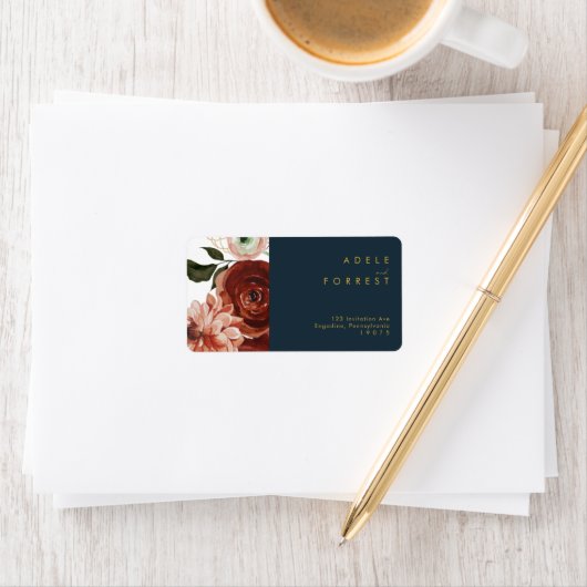 マルサラオータムフローラ |ネイビーウェディングRSVPアドレス ラベル (インサイチュ)