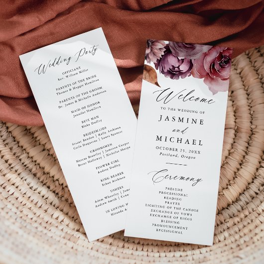 マルサラカラーのフラワーの秋の結婚式プログラム