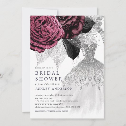 マルサラシルバーフローラズド結婚レスブライダルシャワー 招待状 (正面)