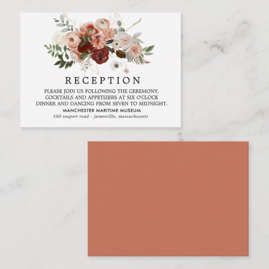 マルサラテラコッタ赤面フローラウェディングレセプション エンクロージャーカード (正面/裏面)